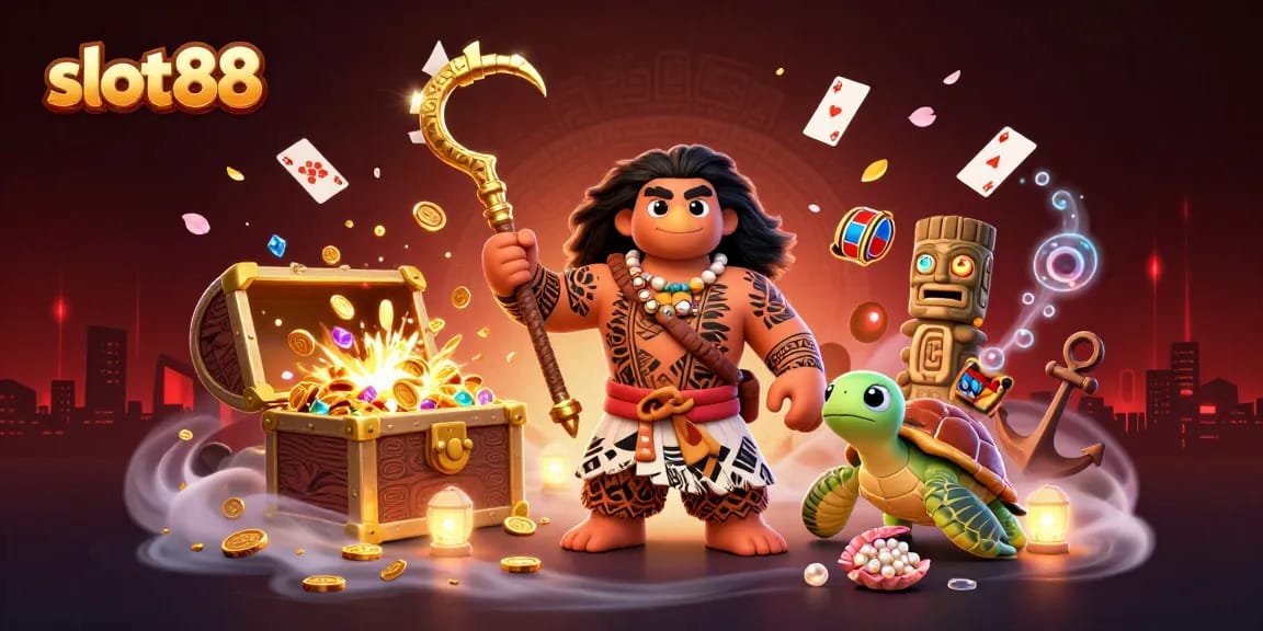 Engage with slot88's vibrant gaming scene, featuring polynesian demigods and dynamic slot elements.