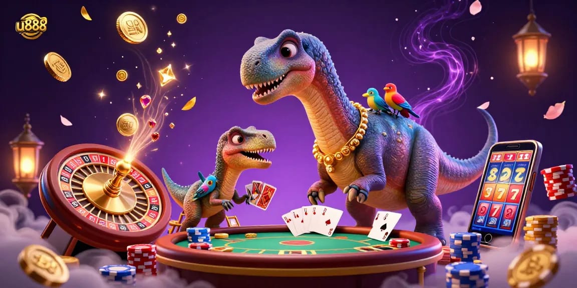 Experience thrilling card dealing action at u888 with a captivating dinosaur scene in a vibrant casino.