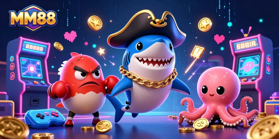 Play for gold coins with MM88 in a vibrant 3D casino scene featuring cartoon characters.