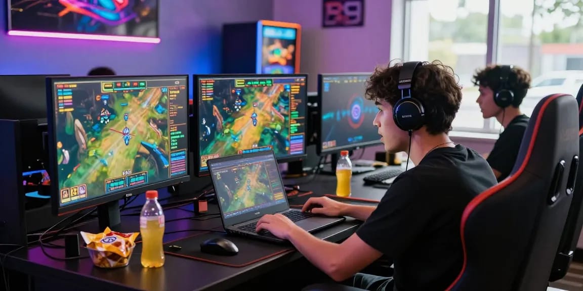 Exciting gaming atmosphere highlighting a player engaged with LOKET88 slot games on multiple screens, creating a vibrant gaming experience.