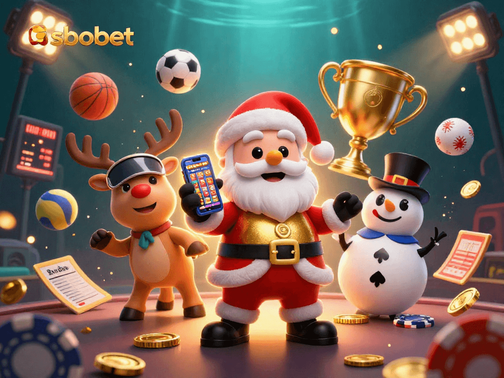 SBOBET offers thrilling sports betting action in this vibrant 3D illustration featuring a festive casino atmosphere.