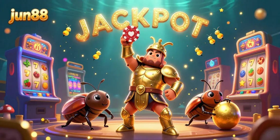 Experience the thrill of jun88 casino with a vibrant 3D scene showcasing a heroic beetle in armor lifting a poker chip.