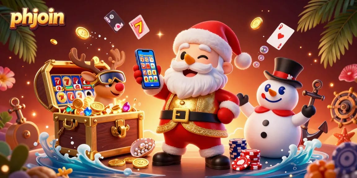 Join the excitement at phjoin with Santa, a reindeer dealer, and a poker chip snowman in a vibrant casino scene.
