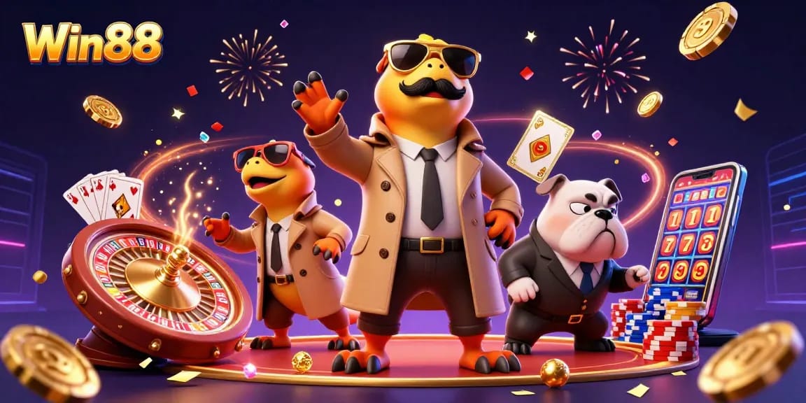 Win88 brings excitement with raptors in trench coat and casino elements in a vibrant 3D scene.