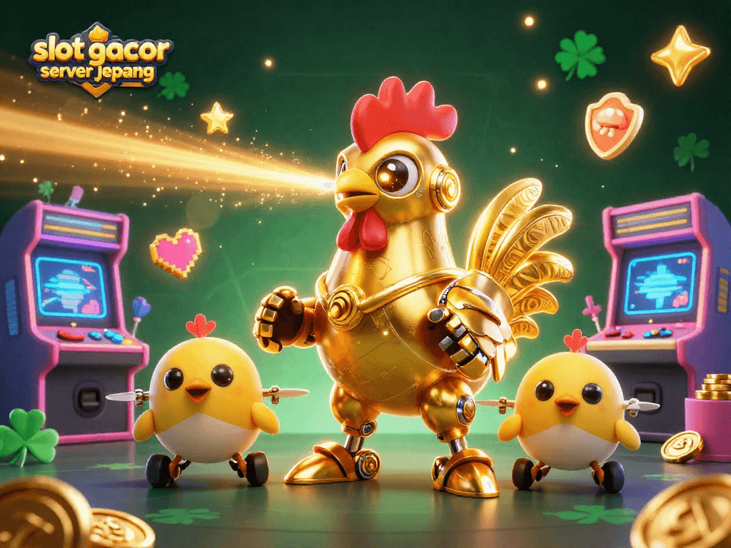 Play vibrant slot gacor server jepang with a golden rooster robot and baby chick drones amidst arcade game excitement.