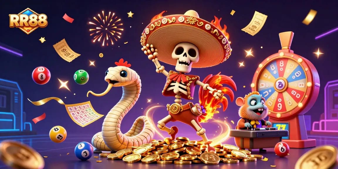 Experience the excitement of RR88 with a lively 3D casino scene featuring vibrant characters and elements.