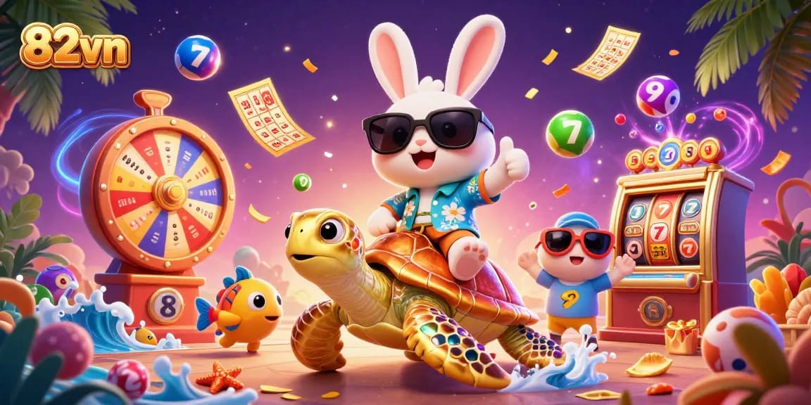 Engage in thrilling gameplay at 82vn, showcasing a lucky 3D rabbit and golden turtle amidst vibrant gaming symbols.
