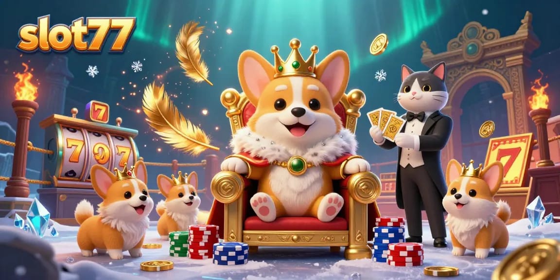 Experience winning at slot77 with a royal corgi surrounded by golden elements and slot features.