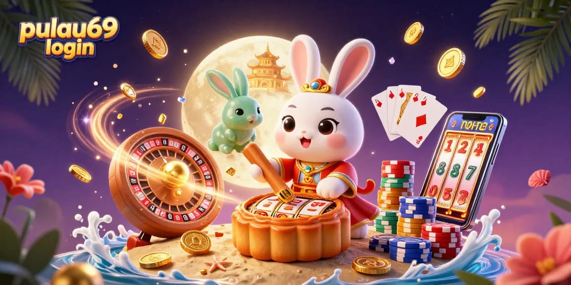 Experience pulau69 login with a vibrant 3D casino illustration featuring a moon rabbit and casino elements.