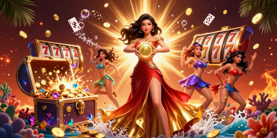 Engage with this captivating online casino scene featuring an Asian woman celebrating with golden coins and slot symbols.