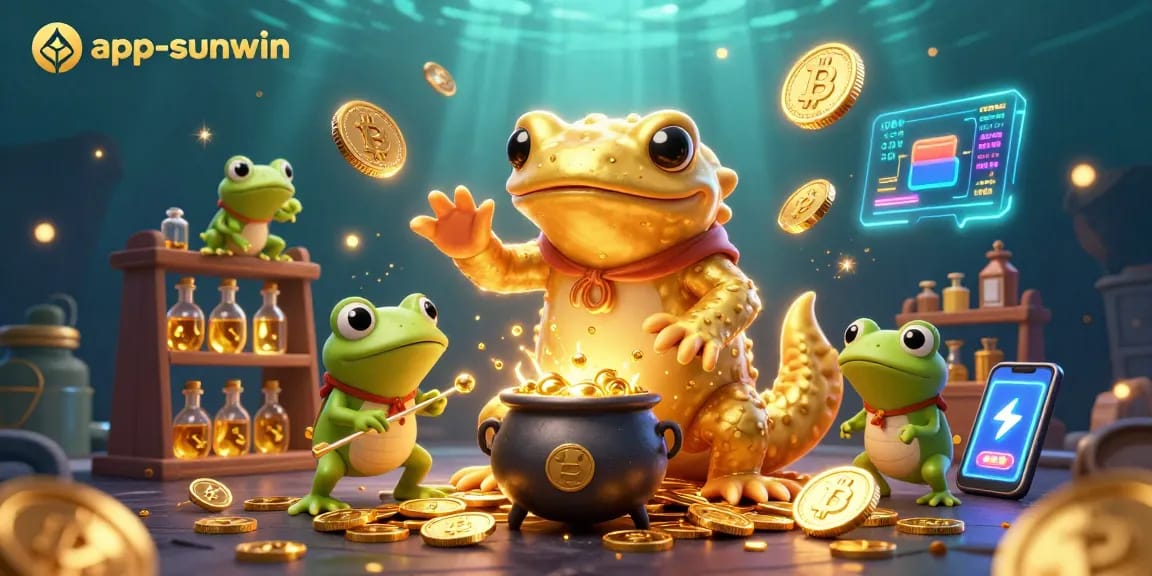 Win gold coins with app-sunwin in a vibrant casino scene featuring magical characters and crypto elements.