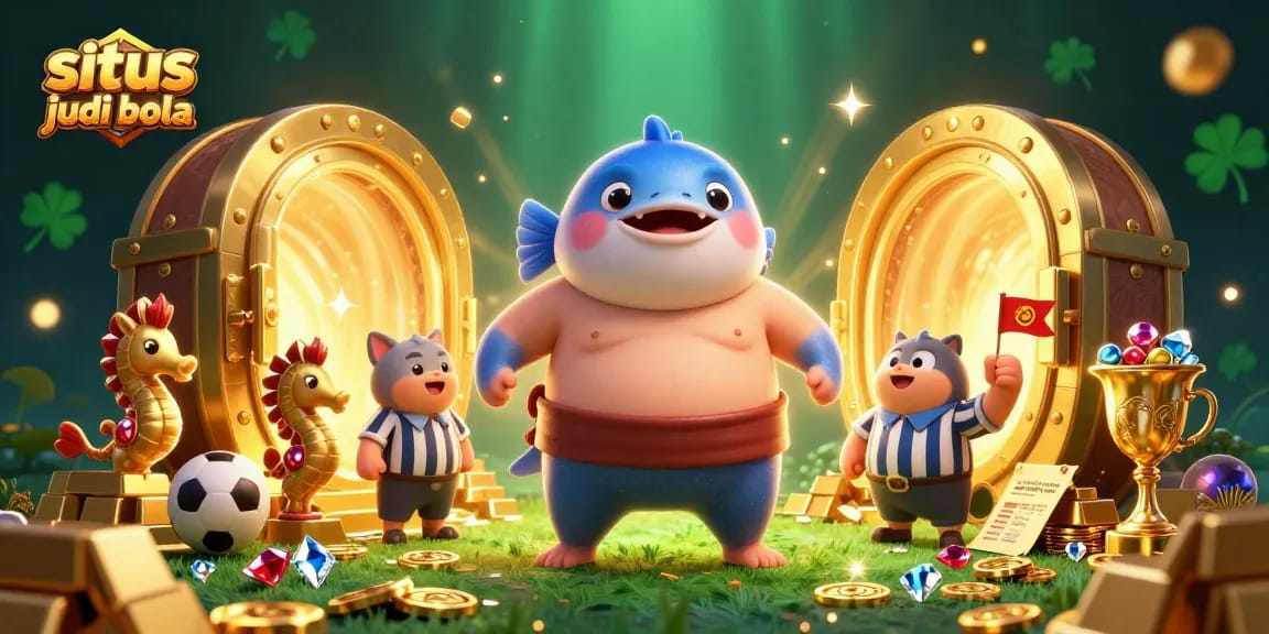 Experience the thrill of situs judi bola in this vibrant underwater betting scene featuring a cartoon fugu and exciting elements.