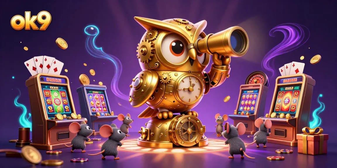 Spin the reels at ok9’s vibrant casino scene with a golden owl and animated mice!