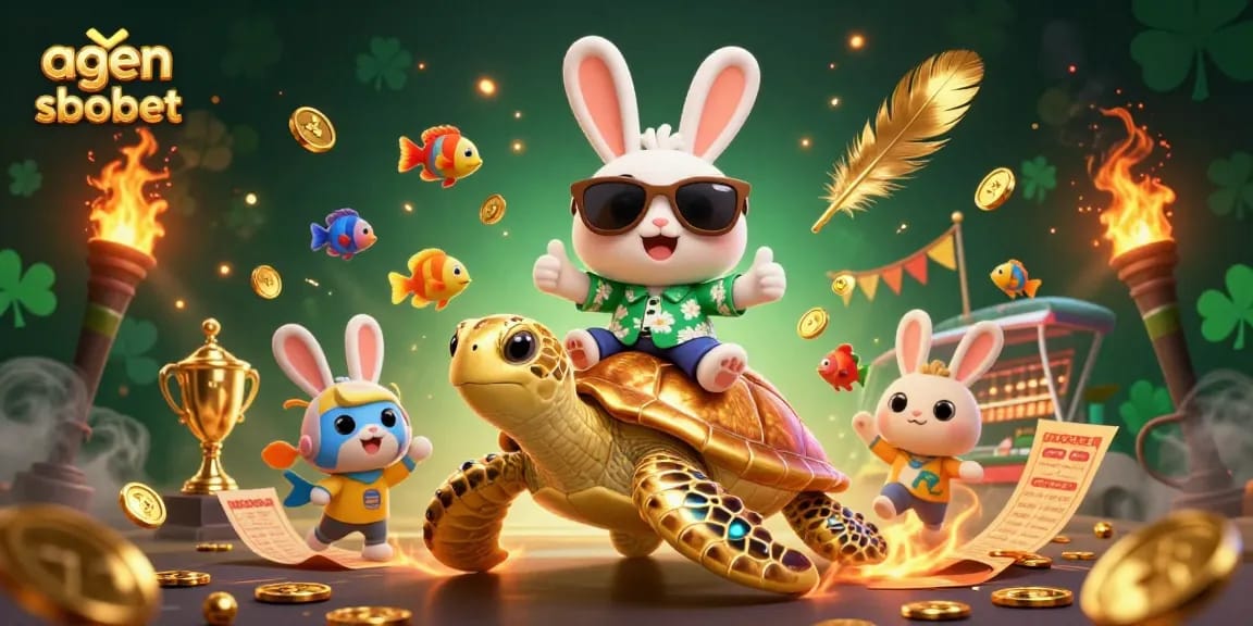 Engage with agen sbobet through lively sports betting visuals featuring a cheerful rabbit and a golden sea turtle.