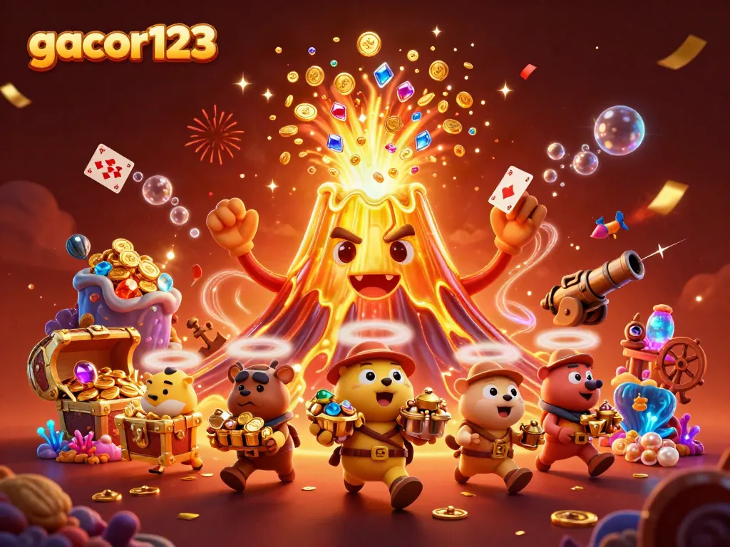 Experience gacor123's thrilling casino adventure with treasures overflowing from a golden volcano and celebratory effects.