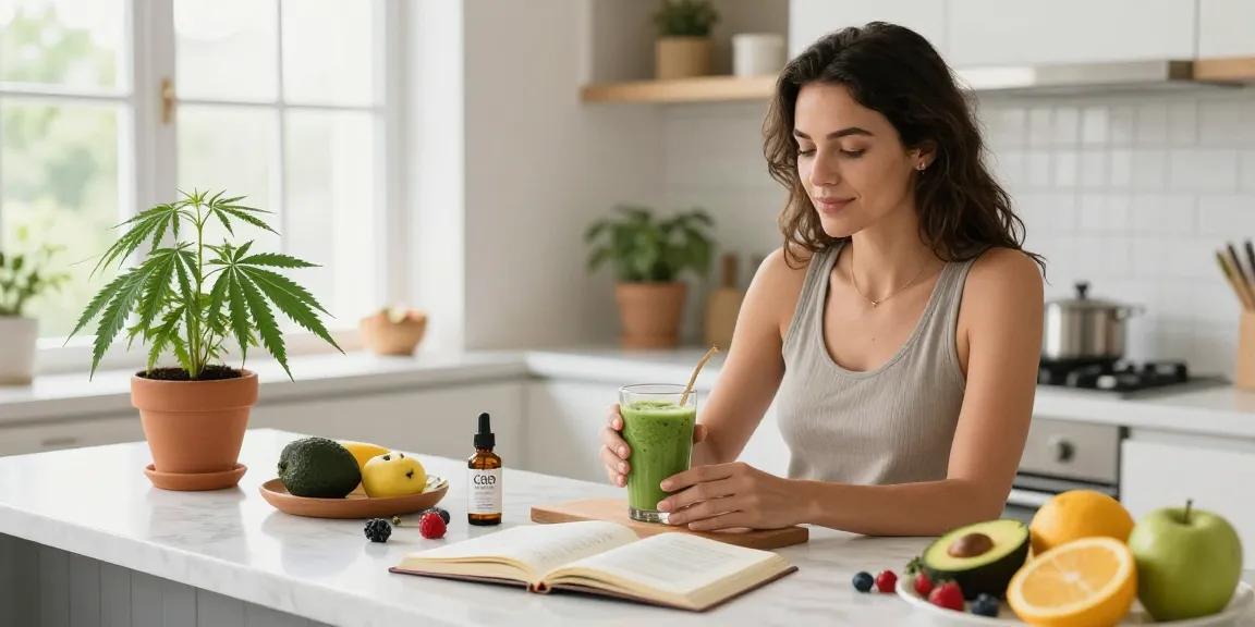 The legal age to vape in Cyprus illustrated through a vibrant kitchen scene promoting natural wellness with CBD oil and fresh ingredients.