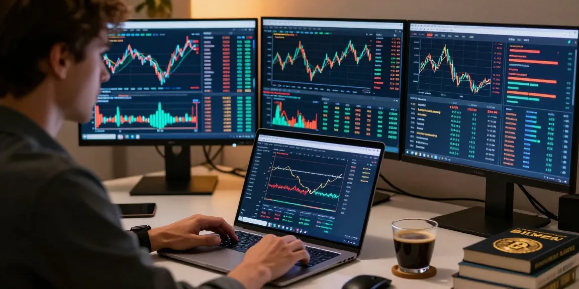 Отзывы BitMEX: профессиональный трейдер анализирует криптовалютный рынок на современном рабочем месте.