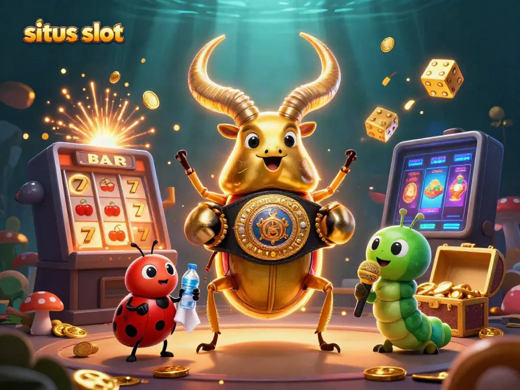Visualisasi menarik dari situs slot dengan karakter unik dan elemen kasino, menghadirkan keseruan permainan judi online.