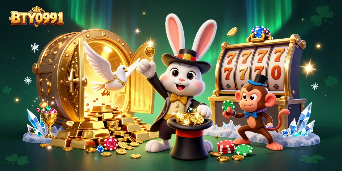 Join the magic with BTY0991 as a rabbit, dove, and monkey celebrate casino wins with dazzling treasure.