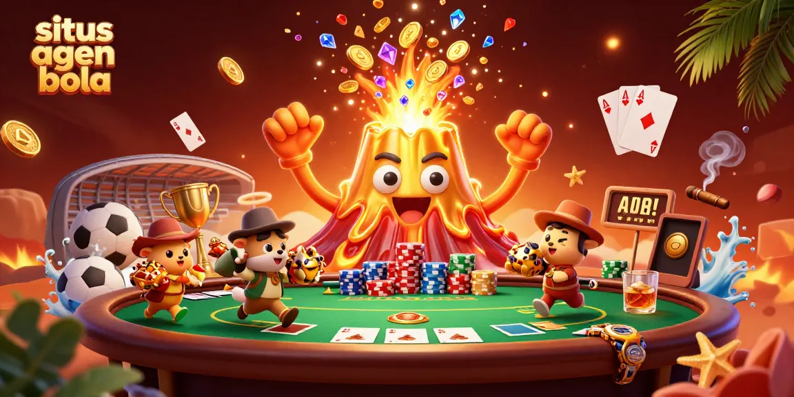 Situs agen bola showcases a vibrant scene of animated volcano and treasure, enhancing sports betting excitement.
