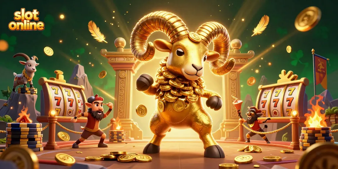 Experience thrilling slot online gameplay with a golden ram charging through a dramatic casino scene.