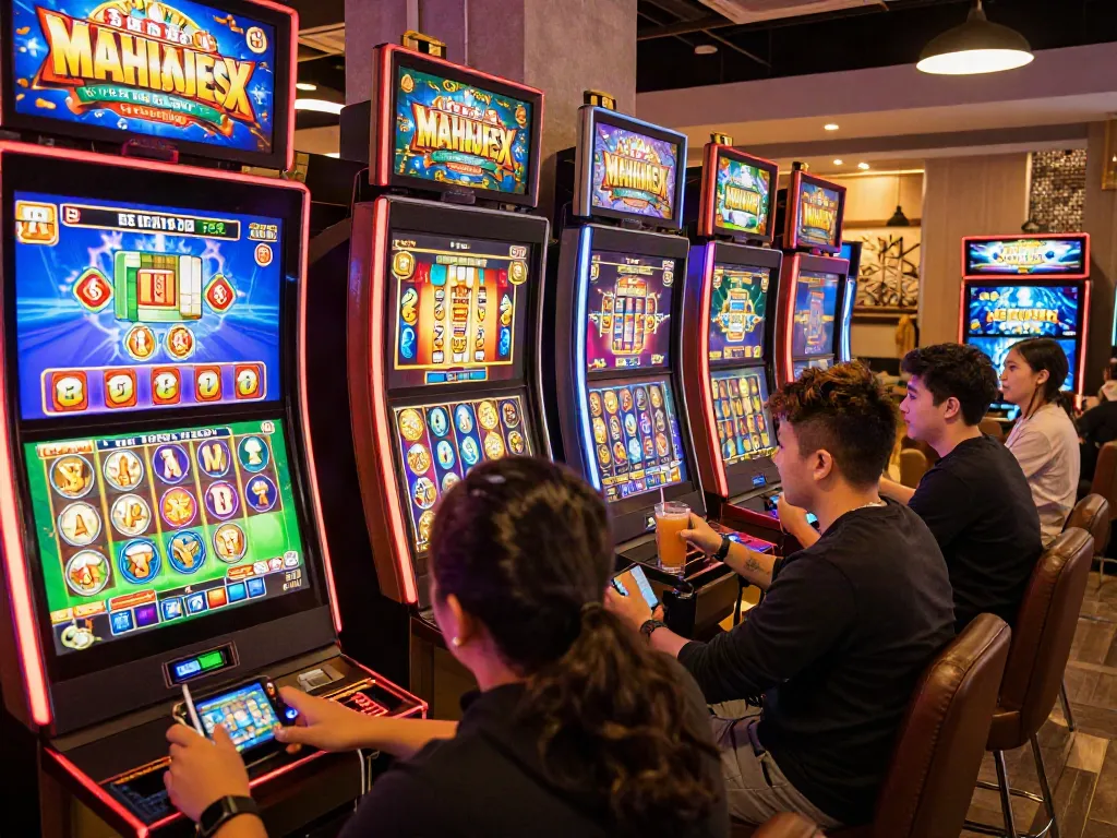 Luxury12 players enjoying vibrant online slot games in a cozy cafe.