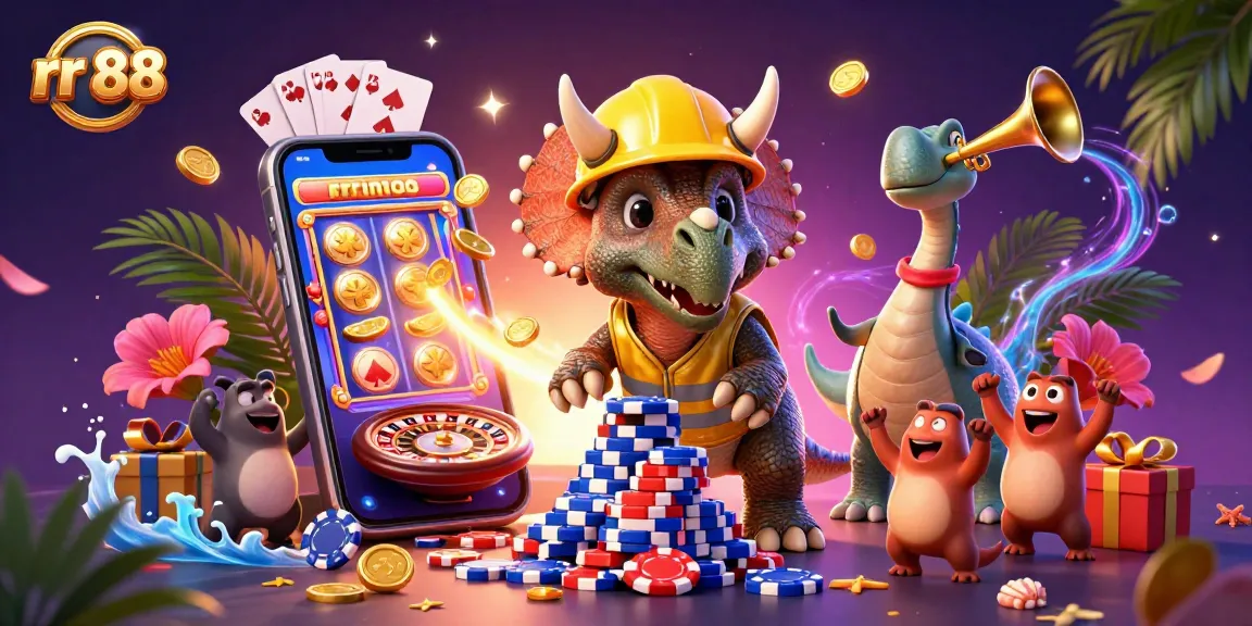 Engage with rr 88's vibrant casino scene featuring colorful games and dynamic characters celebrating winning moments.