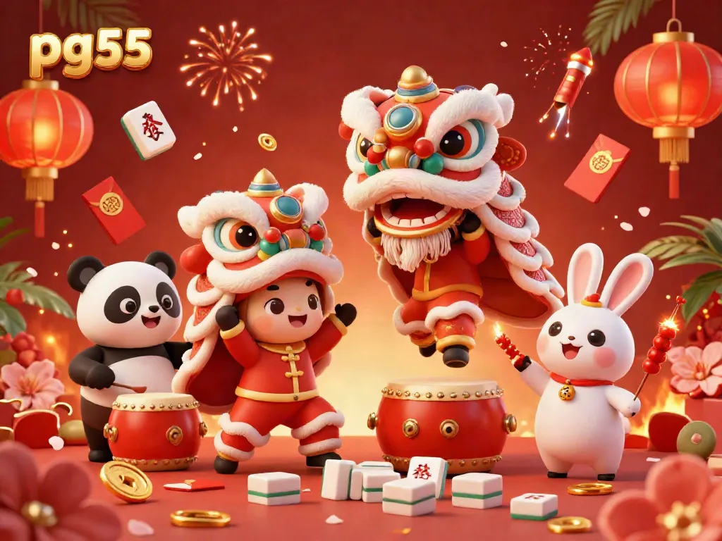 Join the festive lion dance with pg55 characters surrounded by vibrant casino elements.