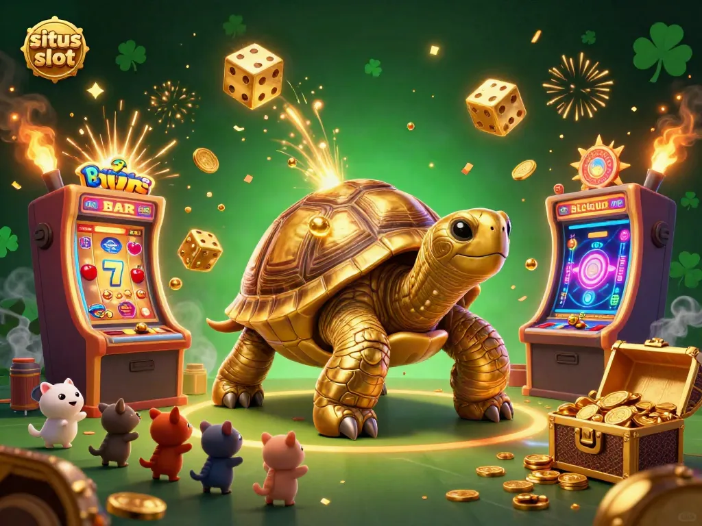 Experience the thrill of situs slot gaming with an interactive scene filled with vibrant colors and golden elements.