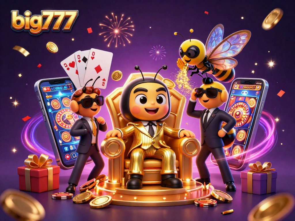 Engage with big777, a vibrant 3D scene showcasing a bumblebee mob boss and casino elements.