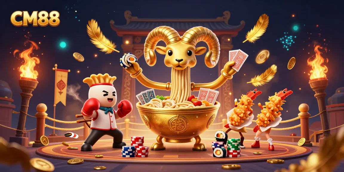 Join CM88's vibrant online gaming arena with a giant ramen bowl dealer distributing cards and stacking chips.