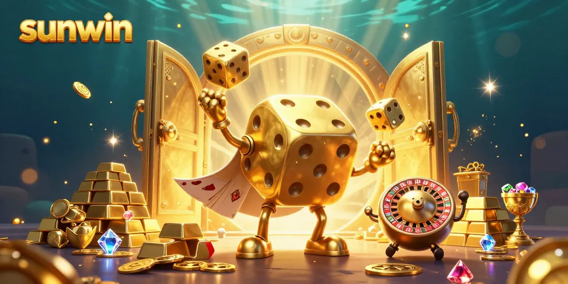 Engage with Sunwin's vibrant golden dice golem and casino treasures in a dynamic 3D scene.