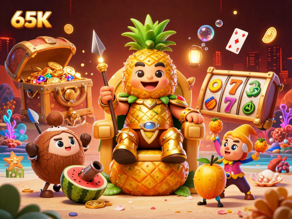 65K: Divirta-se jogando em um cassino vibrante com elementos de caça-níqueis e um rei abacaxi.