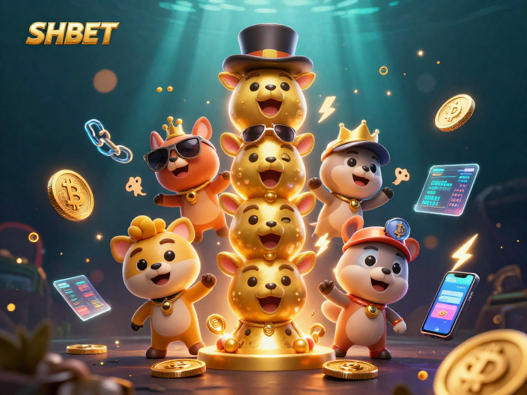 Experience SHBET's vibrant casino world with a 3D golden totem and crypto elements.