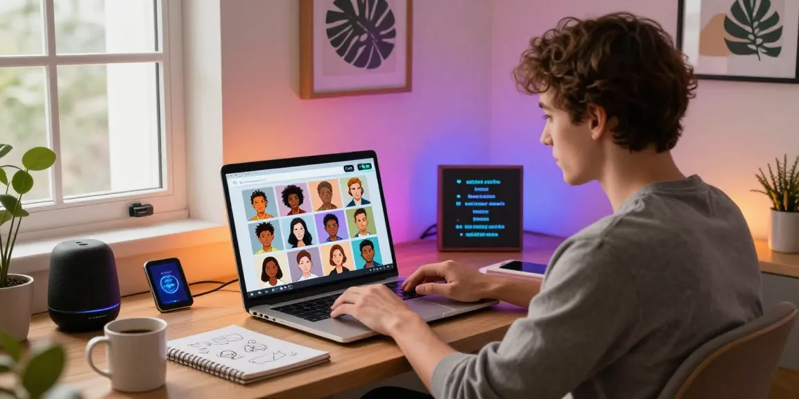 User engaging in AI NSFW chat on a laptop surrounded by creative elements in a cozy home office.