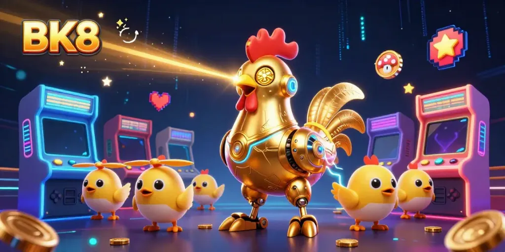 BK8 illustrates a futuristic gaming atmosphere with a golden rooster robot, arcade machines, and vibrant game elements.