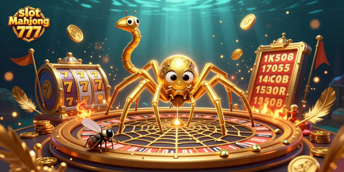 Experience excitement in slot mahjong 777 with a vibrant 3D scene of a spider, croupier, and golden elements.
