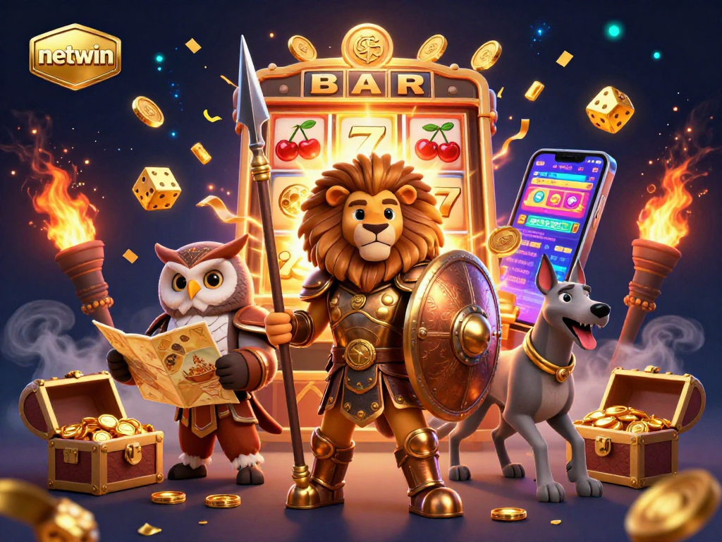 Experience thrilling gameplay with netwin's vibrant 3D illustration showcasing a Spartan lion, owl strategist, and swift greyhound amidst explosive jackpots.