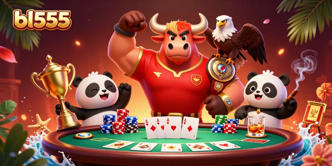 Experience thrilling action at bl555 with a victorious bull, eagle, and panda amidst poker excitement.