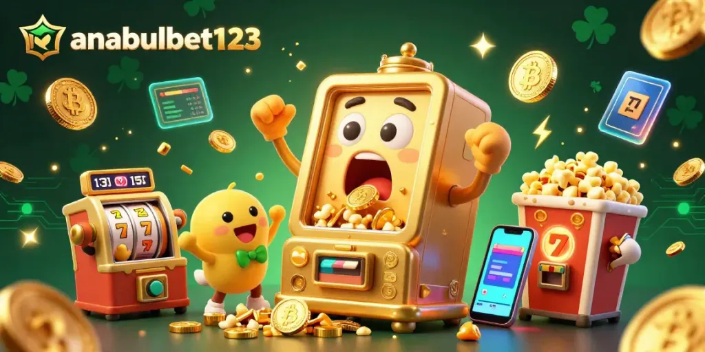 Anabulbet123 menghadirkan slot mesin emas yang terkejut melihat jackpotnya, dikelilingi koin Bitcoin dan Ethereum.