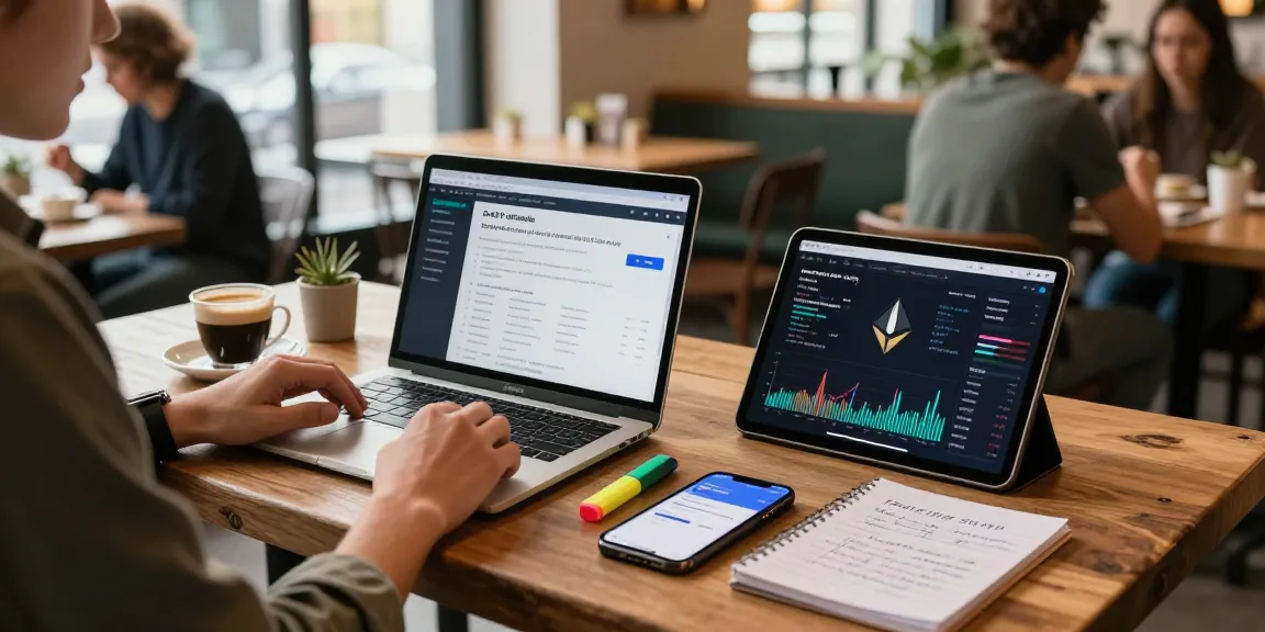 Play exchange scene in a coffee shop with crypto research on laptop, smartphone wallet, and blockchain documentation.
