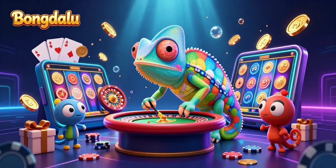 Bongdalu chameleon casino owner grabbing golden coins in a vibrant gaming scene with detailed slot games and roulette elements.