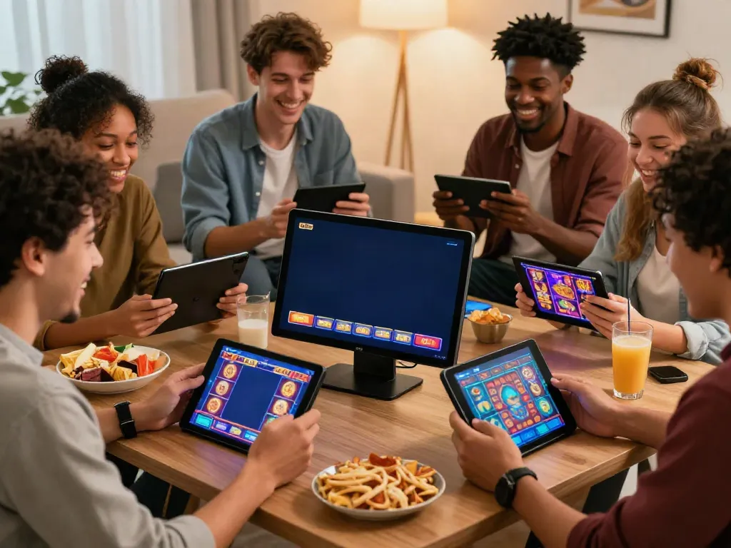 Friends enjoying slot online games on devices in a cozy living room setting.