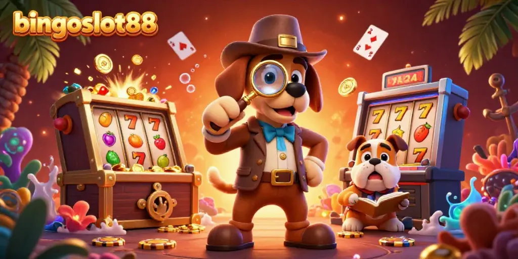 Permainan bingoslot88 dengan detektif kartun dan teman bulldog, meneliti chip poker emas.