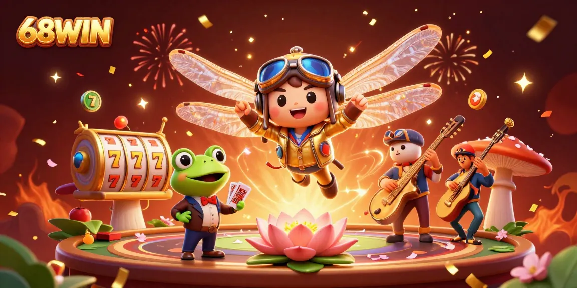 Engage in thrilling gaming at 68WIN, featuring a vibrant 3D casino scene with lively characters.