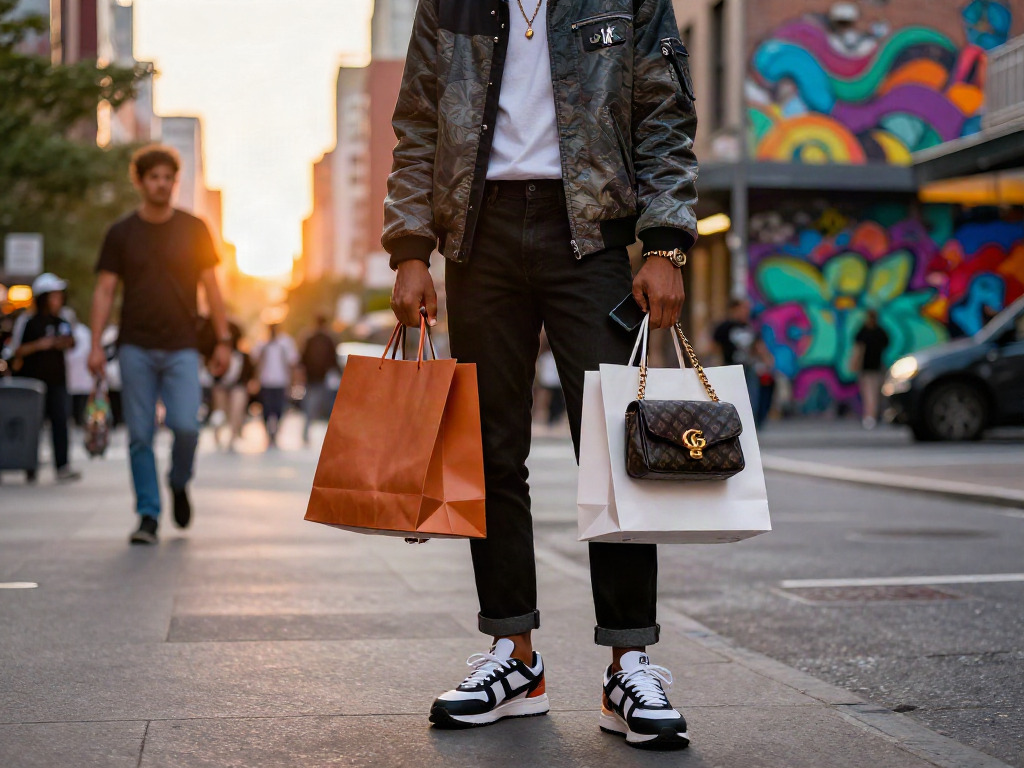 Gaya hidup urban yang stylish dengan tas belanja luxury111 di kota.