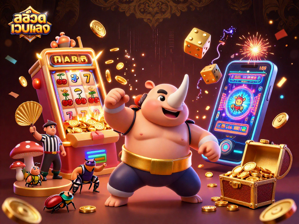 Engage with สล็อตเว็บตรง in a colorful, vibrant casino-themed illustration full of dynamic game elements.