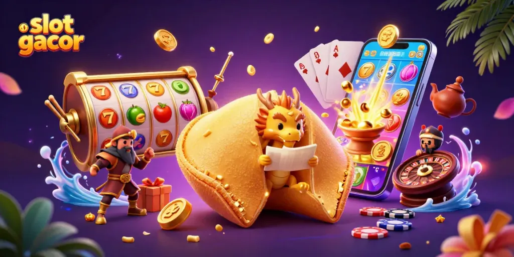 Experience the thrill of slot gacor with a vibrant scene featuring dynamic slot reels and golden fortune cookie elements.