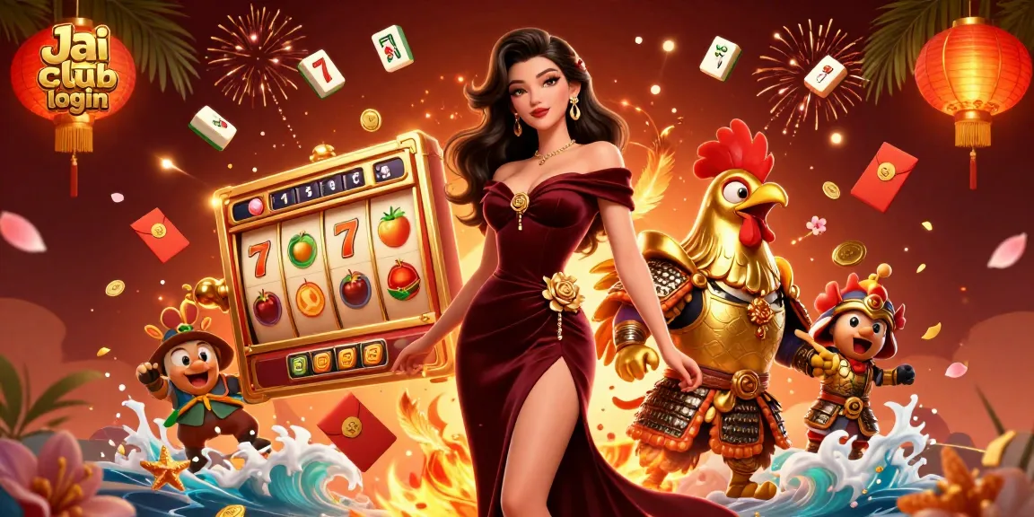 Experience the thrill of gaming with Jai club login featuring a glamorous woman and a golden rooster warrior.