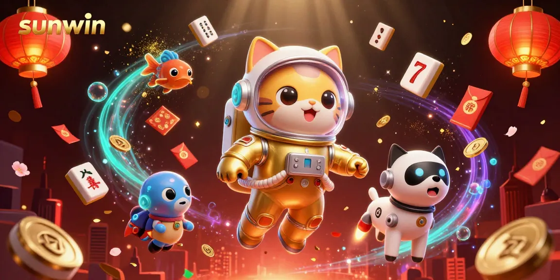 Engage in thrilling slots adventure at sunwin with a vibrant 3D casino scene featuring astronauts and playful elements.